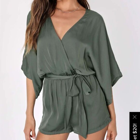 Lulu’s Ain't It Grand Olive‎ Green Satin Surplice Romper Size Medium - Picture 1 of 13